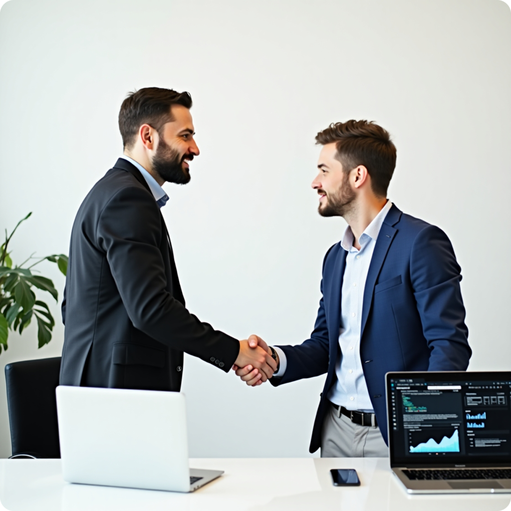 Um funcionário e um cliente fechando um acordo na Bytecore Solutions.